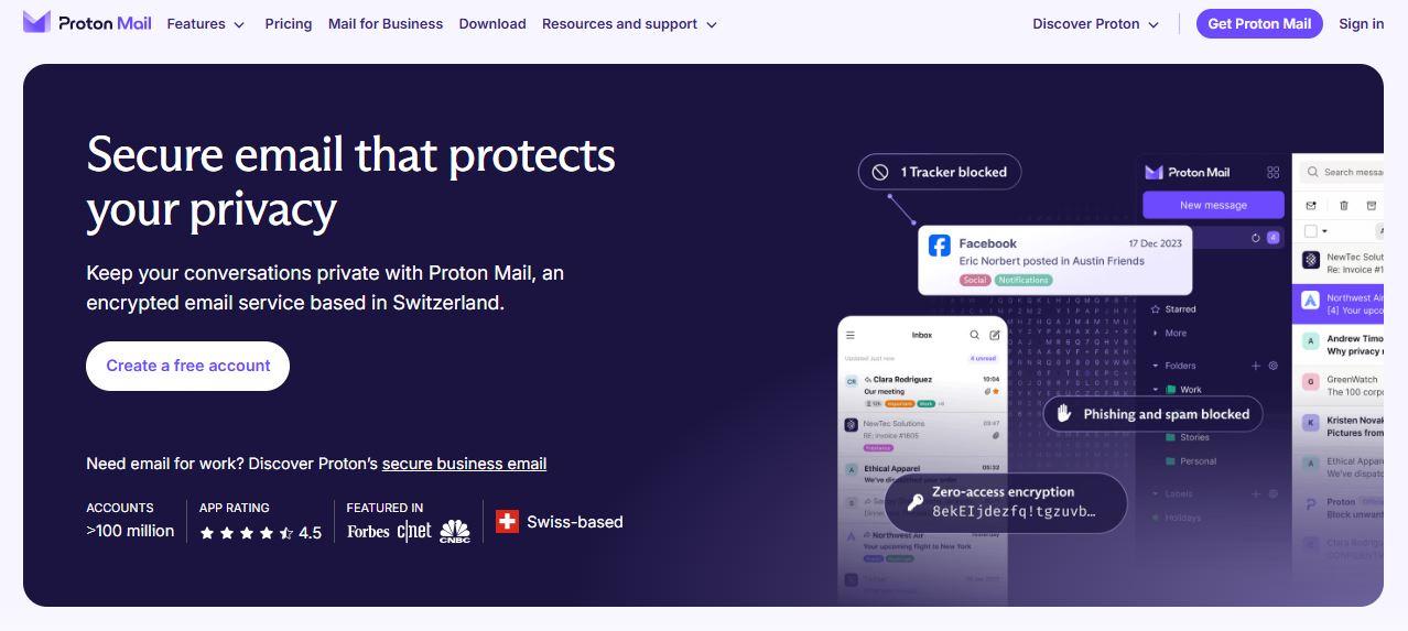 Proton Mail secure email service provider interface highlighting end-to-end encryption features